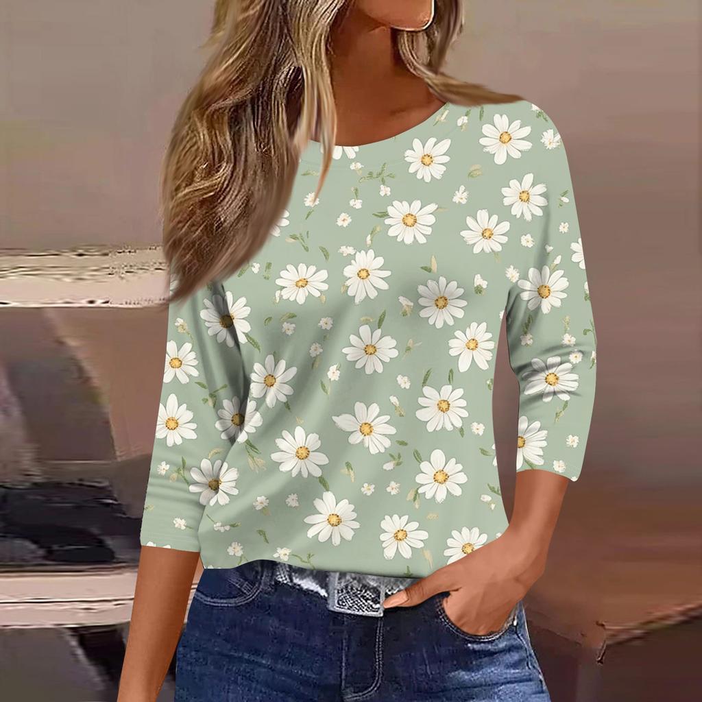 Damen Modisches Lässiges Rundhals-T-Shirt mit Blumendruck und Dreiviertelärmeln