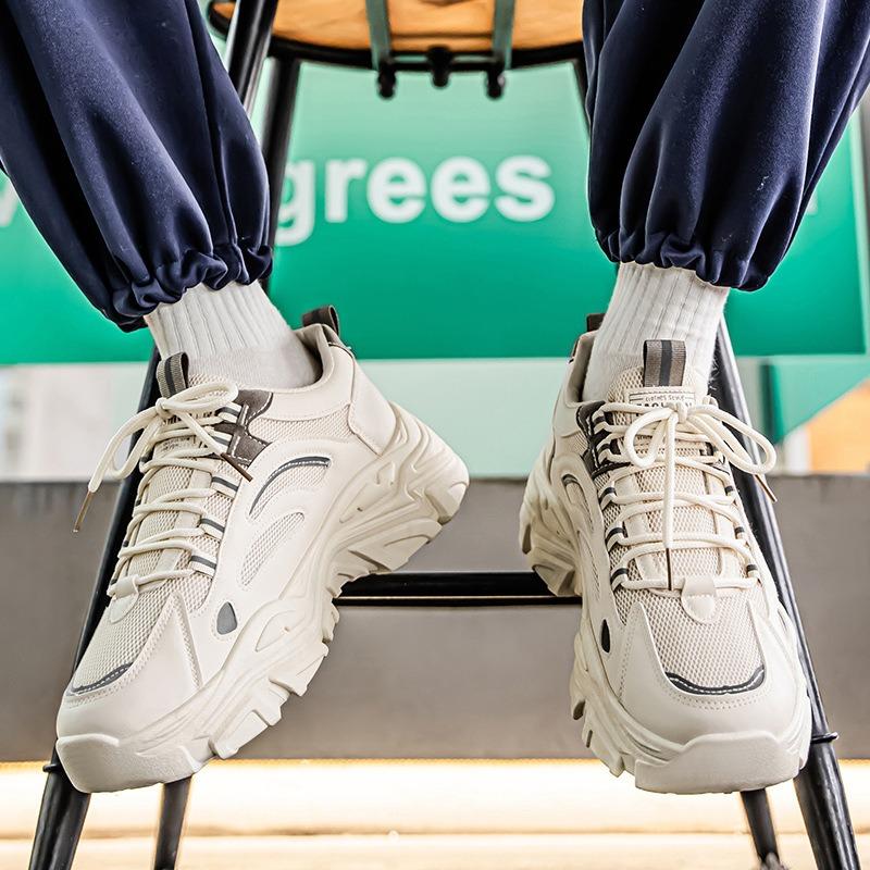 Men's shoes spring and summer trendy brand versatile student leisure mesh sports running thick sole heightening little white dad trendy shoes non-slip