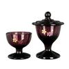 Seigando Glass Buddhist Tea Set In Wine and Cherry Blossom Design. Two Buddhist Tea Sets. Buddhist Tea Set: 5cm Tall, Tea Set: 10cm Tall (with Lid).