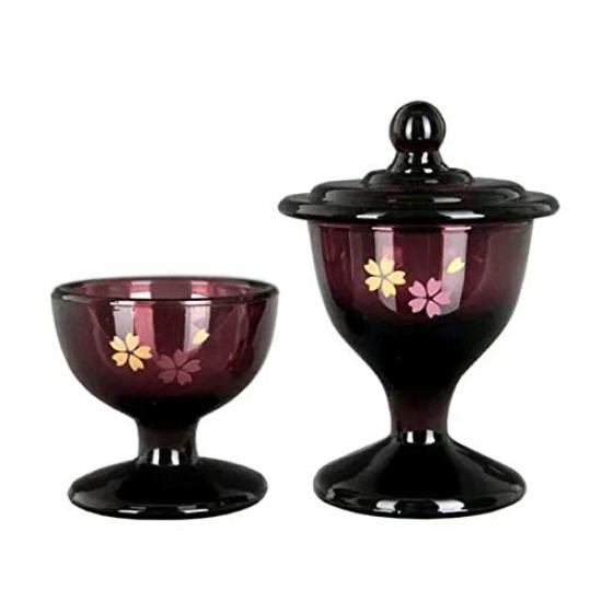 

Seigando Glass Buddhist Tea Set in Wine and Cherry Blossom Design. Two Buddhist tea sets. Buddhist tea set: 5cm tall, tea set: 10cm tall (with lid).