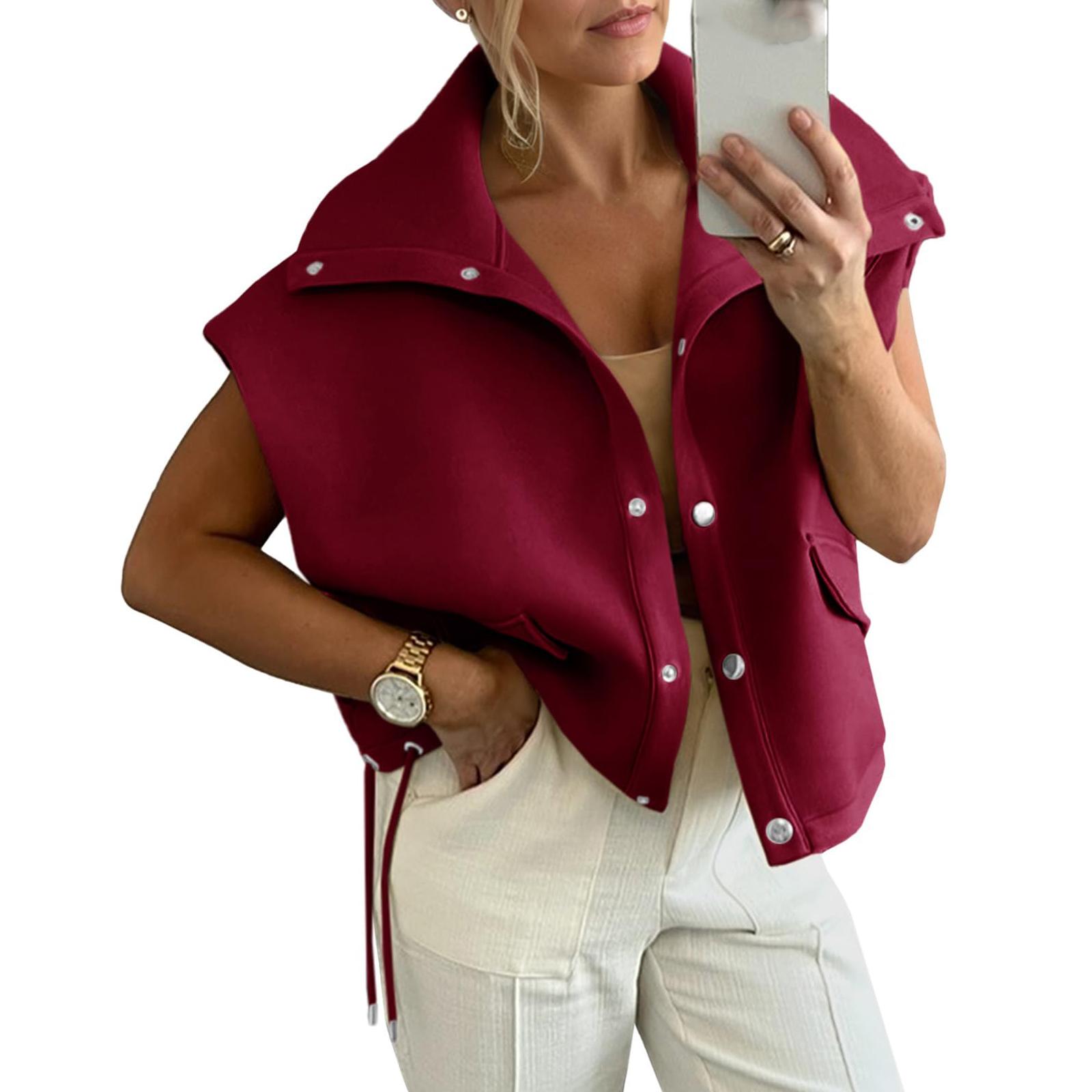 

Женский осенний жилет оверсайз укороченный на пуговицах с коротким рукавом и лацканами, повседневная верхняя одежда с кулиской XL винный