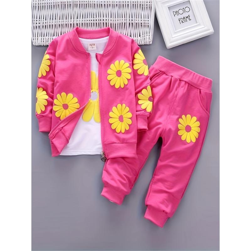 

New Spring Girls Sun Flower Long Sleeve Three-Piece Set Autumn Casual Fashion Youngsters Girl Solid Color Flower Print Suit, Perfect for Outdoor 73