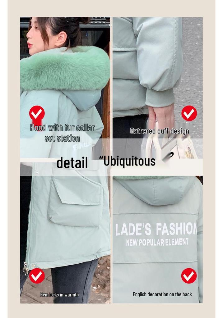 Women's Mid-Length Slim Fit Cotton Parka with Large Fur Collar - Korean Style, Plus Velvet, Thick, and Warm for Winter 2026.
