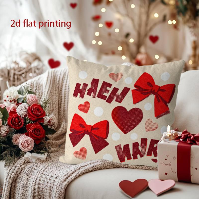 Heart & Bow Pillowcase for Valentine's Love Pattern Cushion Cover Suitable for Sofa Bedroom Car Pillow Cover