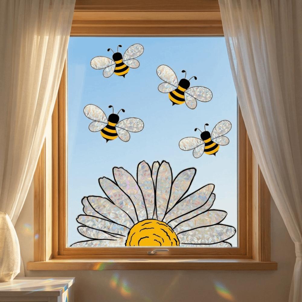 Removable Bee Glass Sticker Waterproof Sunflower Wall Decals Art Bee Window Stickers  Living Room