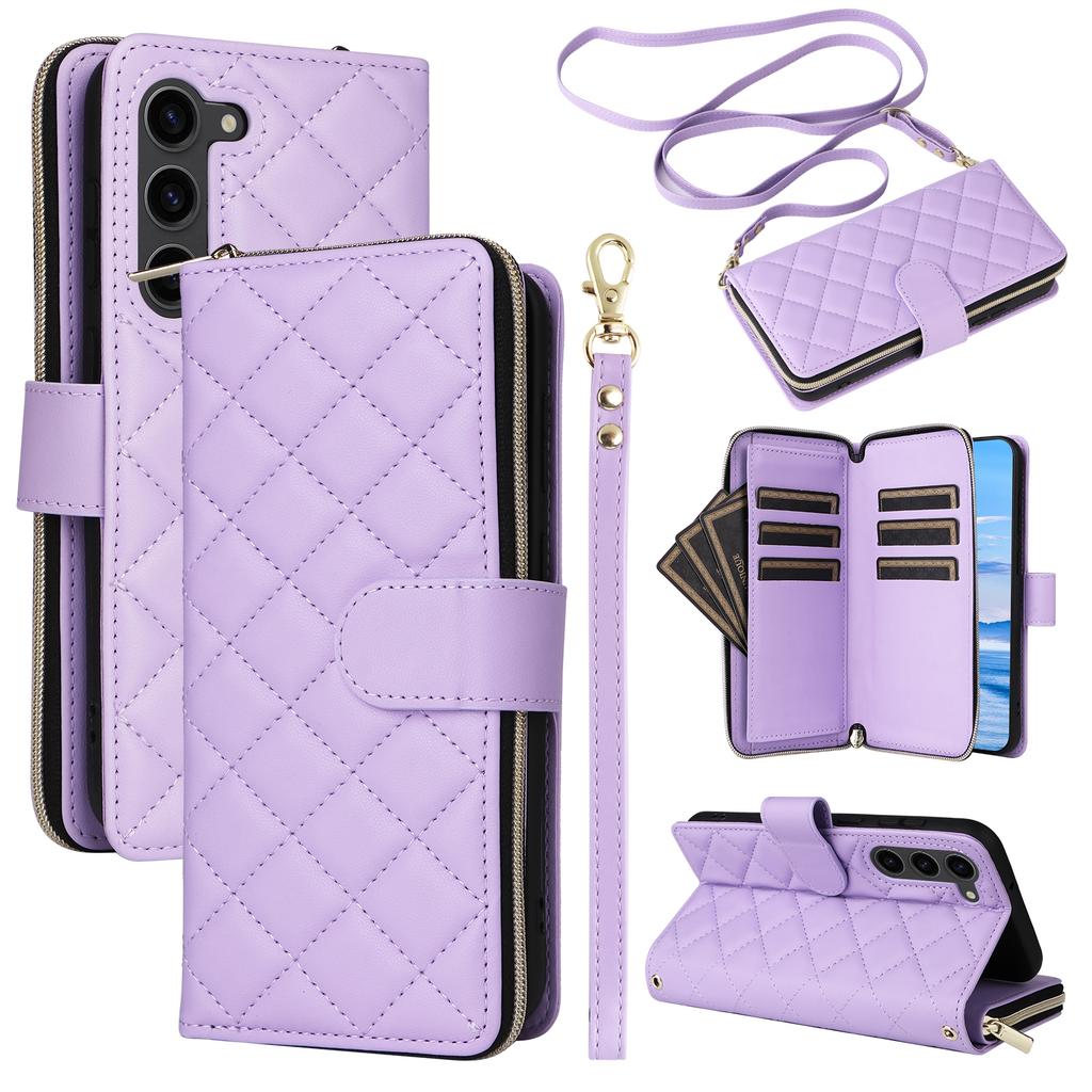 For Samsung Galaxy S23+ Case Rhombus Zipper Wallet Leather Phone Cover with Straps