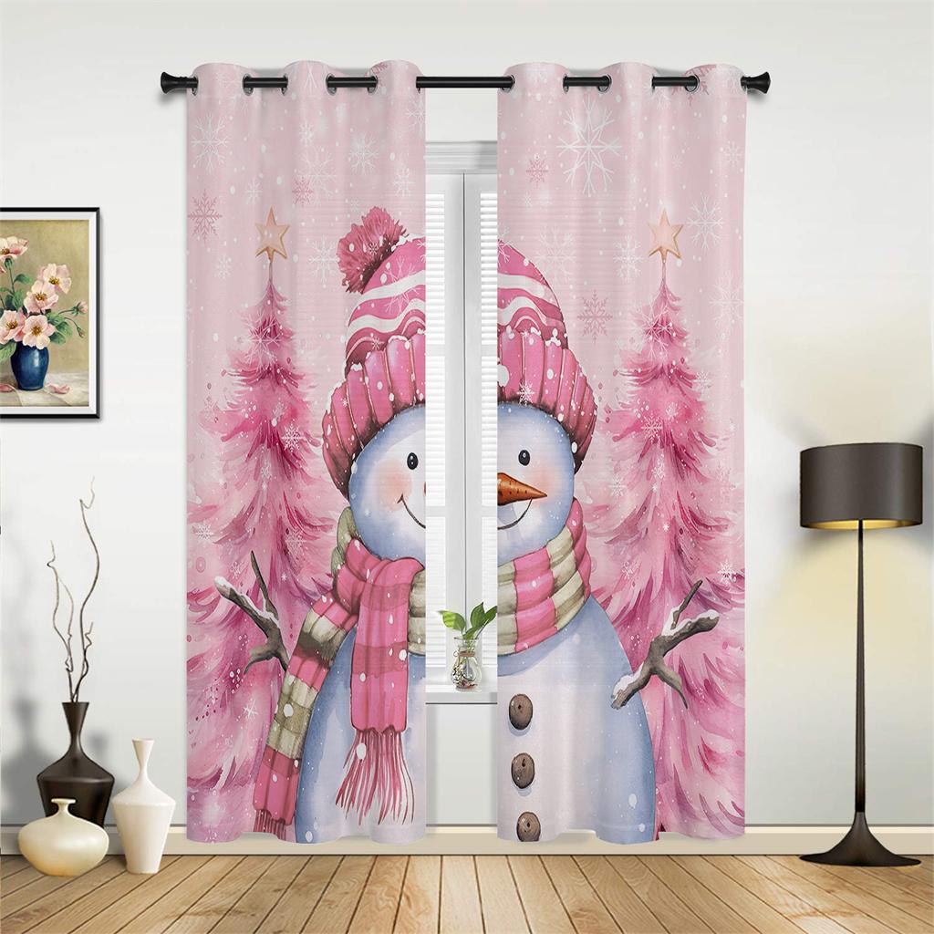 Pink Romantic Snowman Curtains Red Blue Christmas Decor Curtains Living Room Bedroom Kitchen Balcony Window Decor 2 Panels