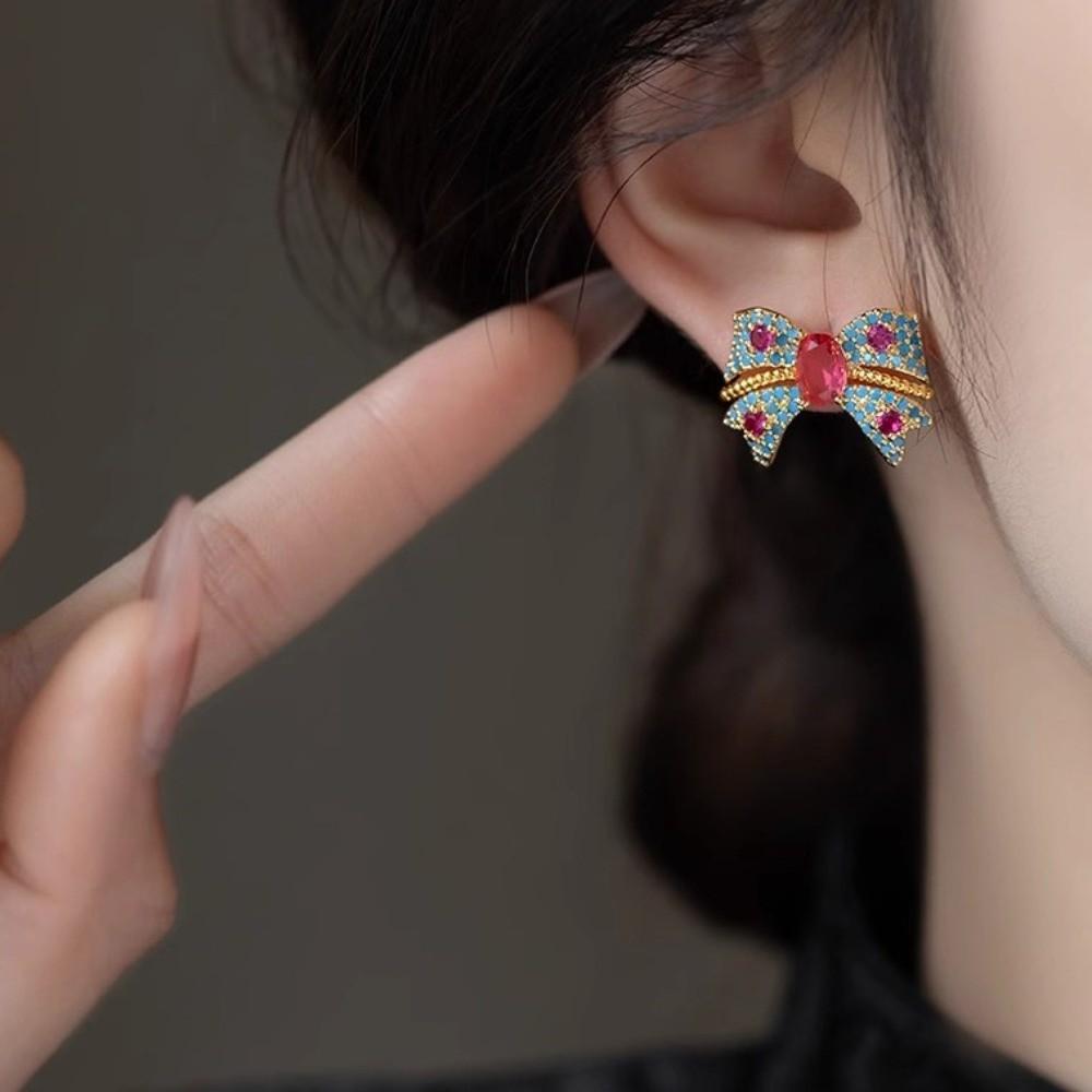 Zircon Korean Style Stud Earrings Blue Pink Bowknot Ear Studs Crystal Bow Earrings  Party