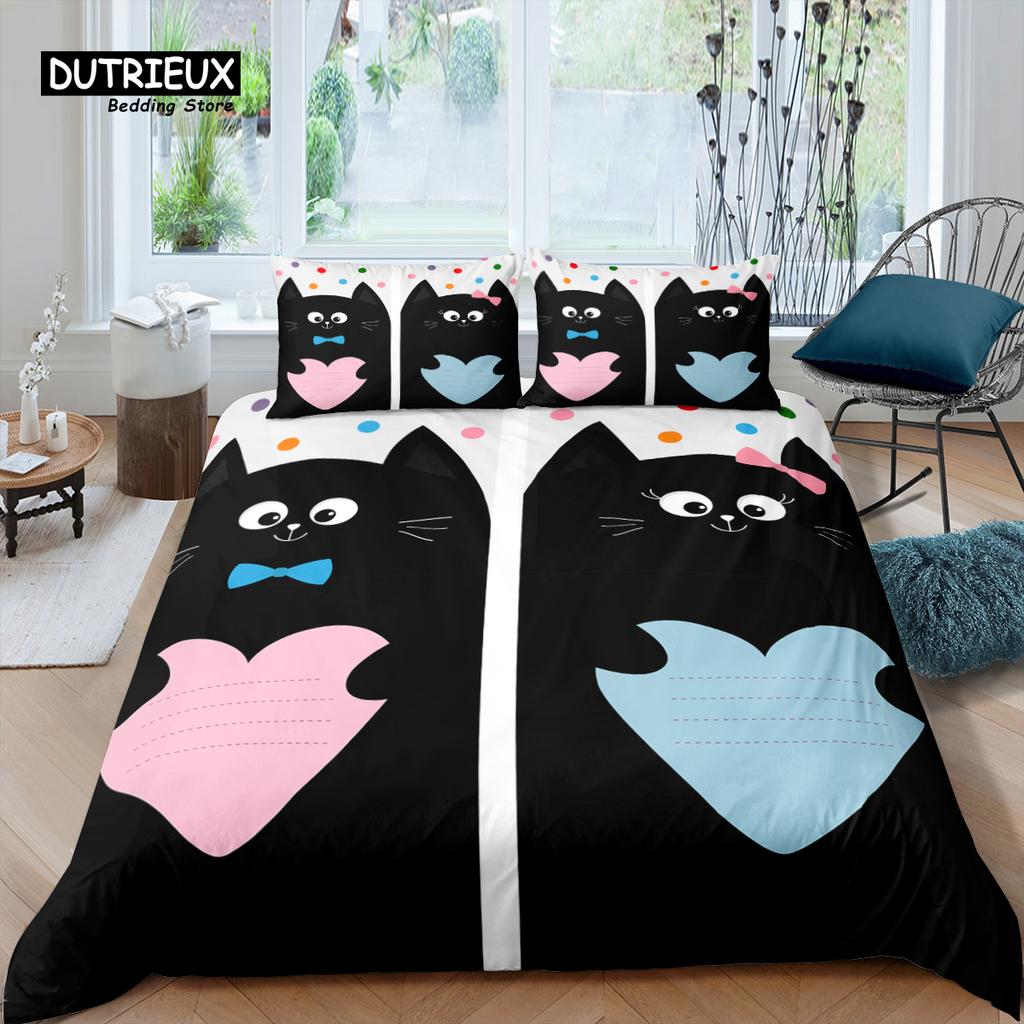 Home Living Luxury 3D Couple Cat Print Bedding Set Duvet Cover Pillowcase Kids Bedding Set Queen and King EU/US/AU/UK Size
