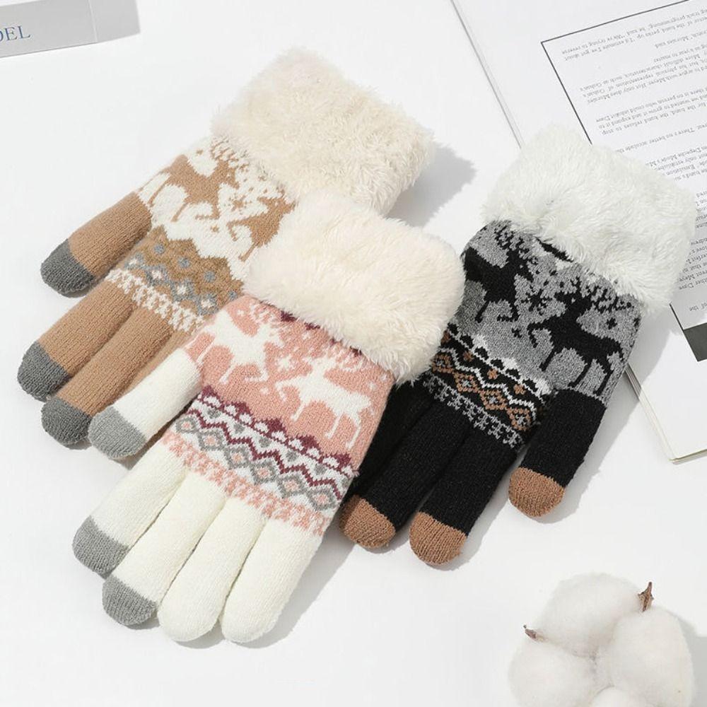 Thickened Christmas Knitted Gloves Wool Winter Mittens Simple Full Finger Gloves  Women
