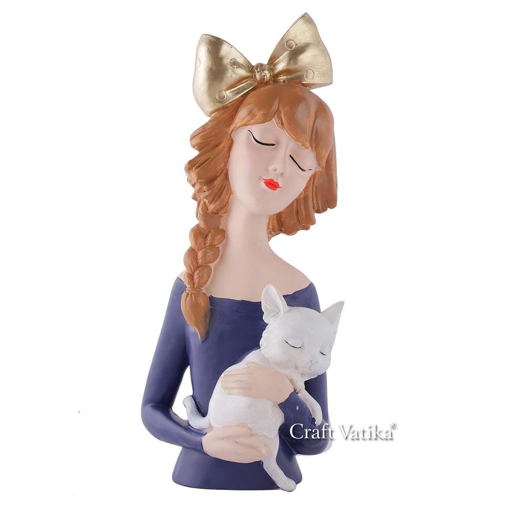 Bowknot Lady with Cat Showpiece Statue Collectibles Figurines for Home Decor Outdoor Entrance Living Room Decoration (13.2 Inch Height)