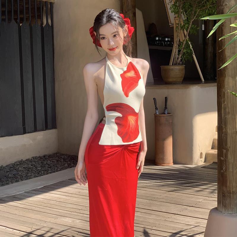 Zhao Ruth's Same Holiday Swimsuit Beach Skirt Set, Sexy Backless Neck Red Split Three-piece Set