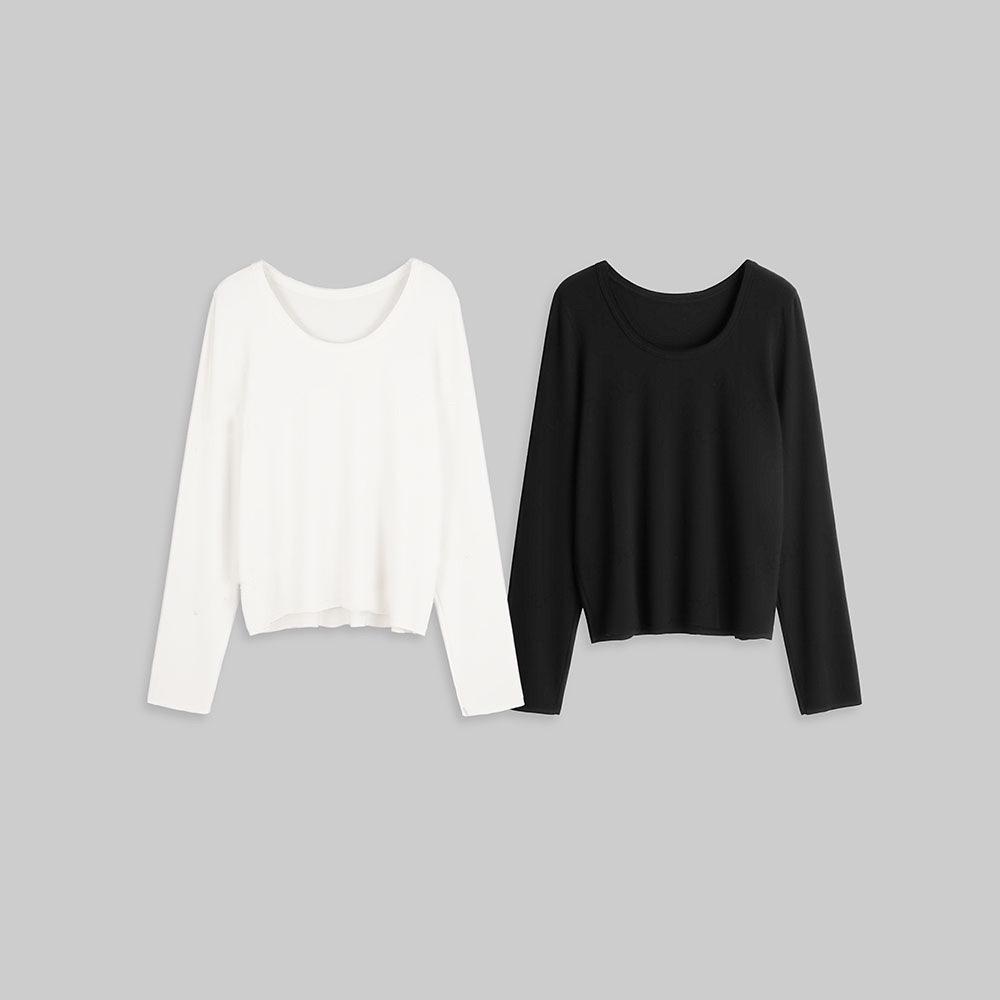 Peachzhou Mousse Elastic Three-Layer Raw-Edge Collar Casual Loose Wide Round Neck Long Sleeve Base Layer Medium чёрный