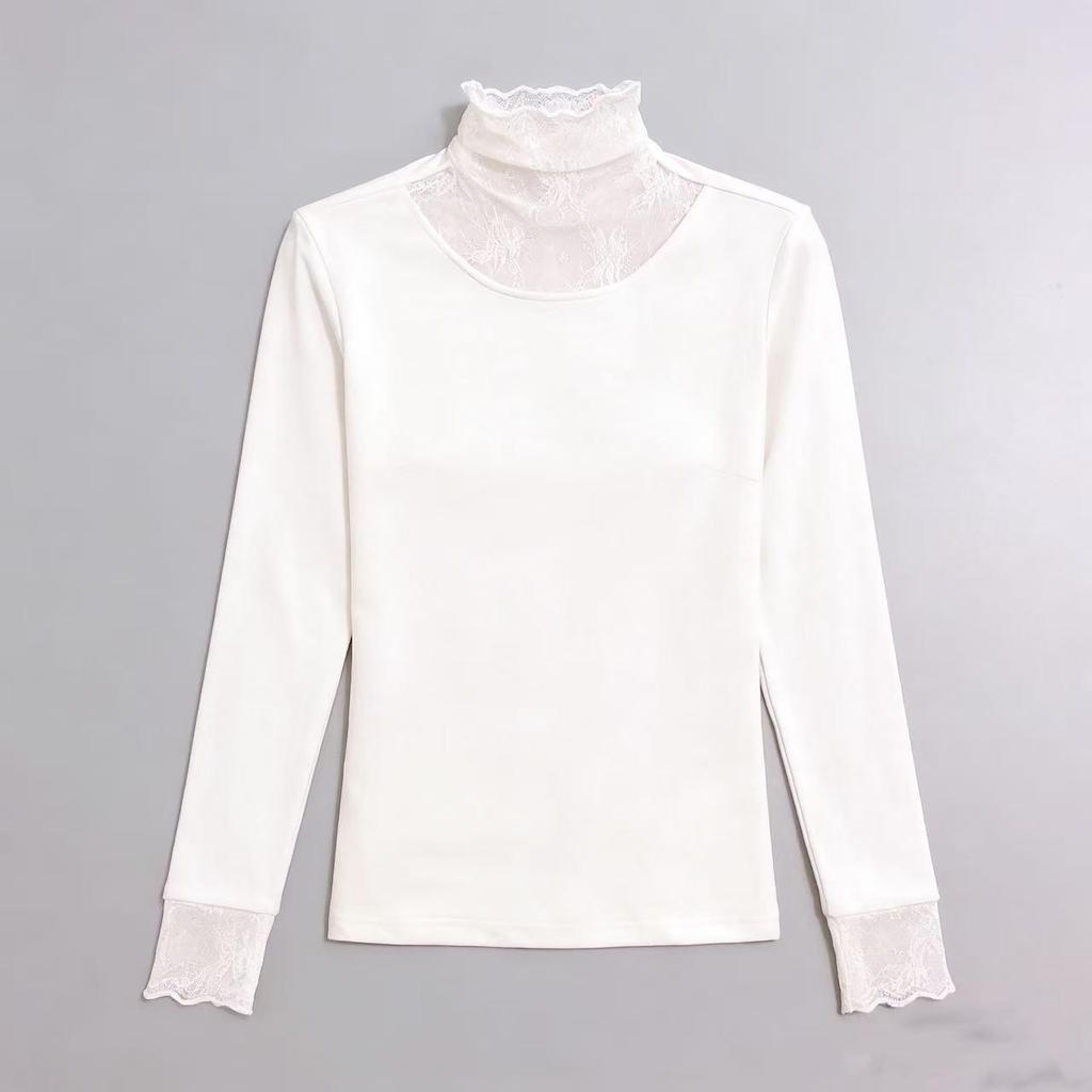 Women's Brushed Lace Base Layer Top: High Neck, Long Sleeve, Ruffled Collar, Slim Fit - Autumn/Winter Arrival