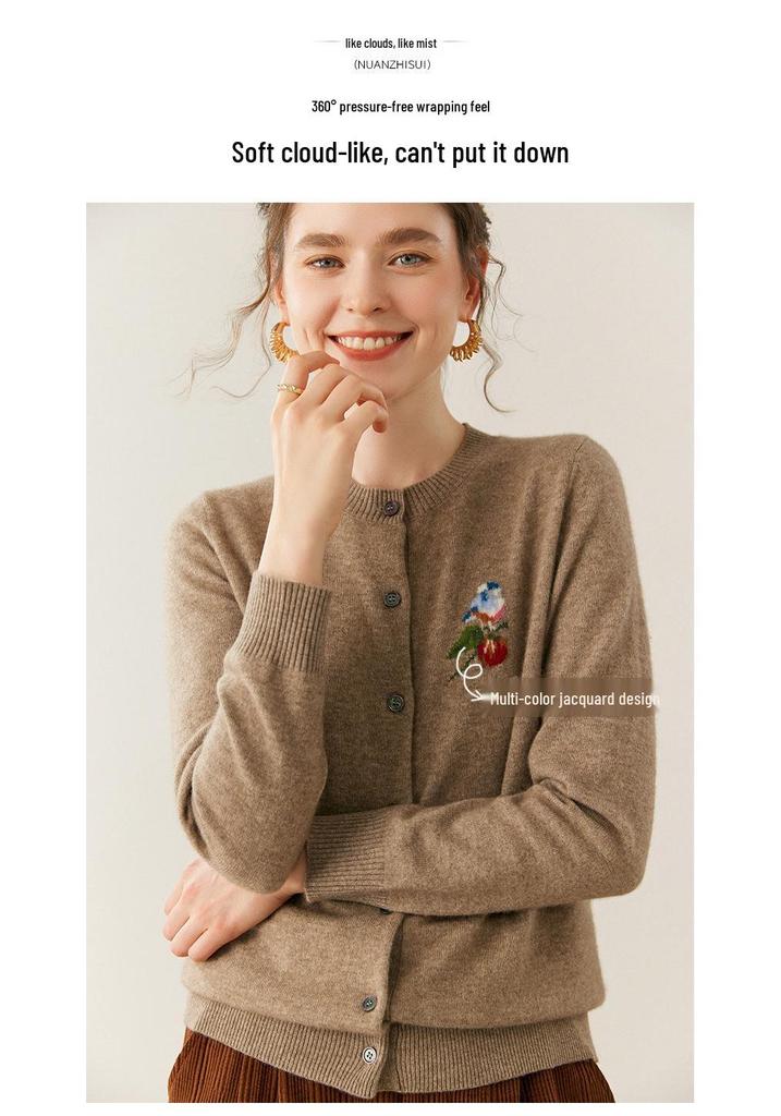Women's Cashmere Round-Neck Sweater Cardigan - Loose, Cozy Autumn/Winter Knitwear.