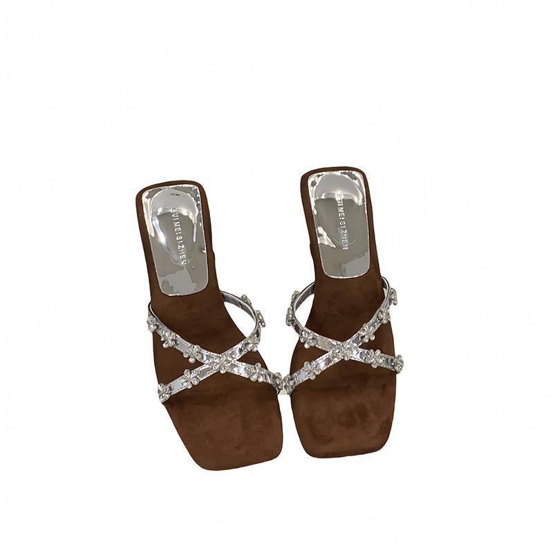 2025 Spring and Autumn New Fashion Versatile Special-shaped Slope Heel Cool Slippers Women's Summer Wear Half-drag Rhinestone High Heels