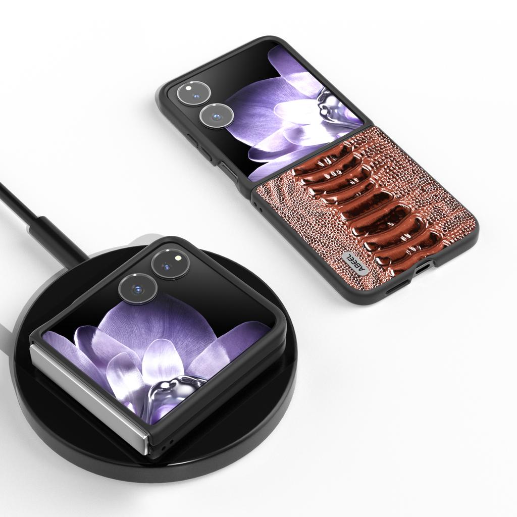 ABEEL For Xiaomi Mix Flip 5G Case Genuine Cow Leather Coated PC Phone Cover Crocodile Texture