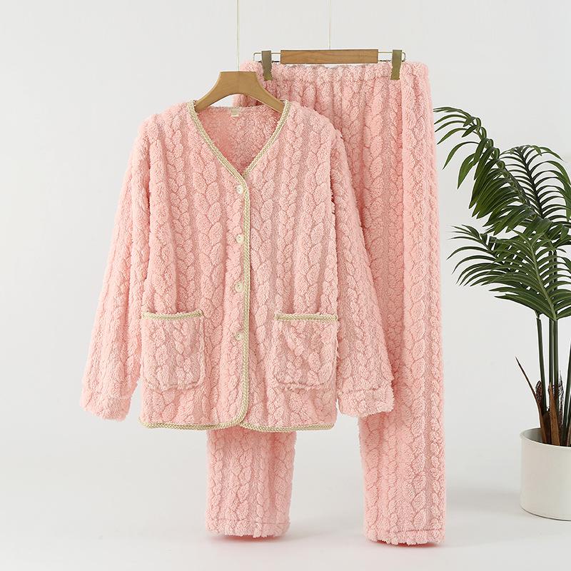 

Женская утолщенная вязаная флисовая термопижама на пуговицах, осенне-зимняя фланелевая осенне-зимняя мягкая домашняя одежда свободного кроя XL розовый