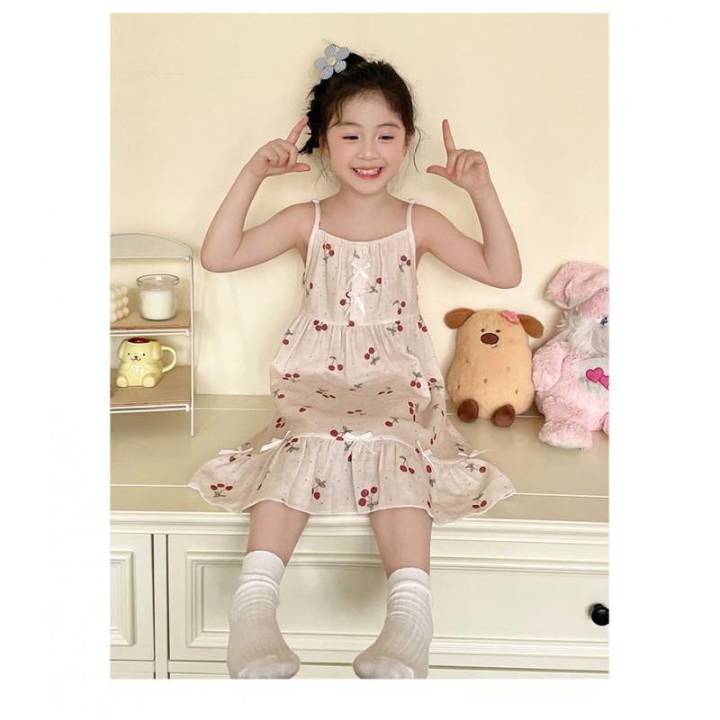 Girls Cotton Gauze Nightdress Sleeveless Sleepwear Cartoon Print Lightweight Home Dress Kids