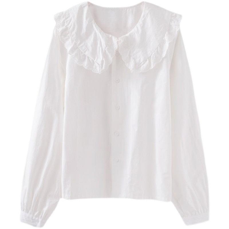 Vintage doll-collar shirt for women, new spring and autumn design, niche and chic, youthful long-sleeve shirt layered with white shirt for women