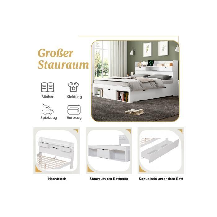 Lit double - MUVOE - 180x200 cm - Avec port USB - Tiroirs de rangement - Blanc