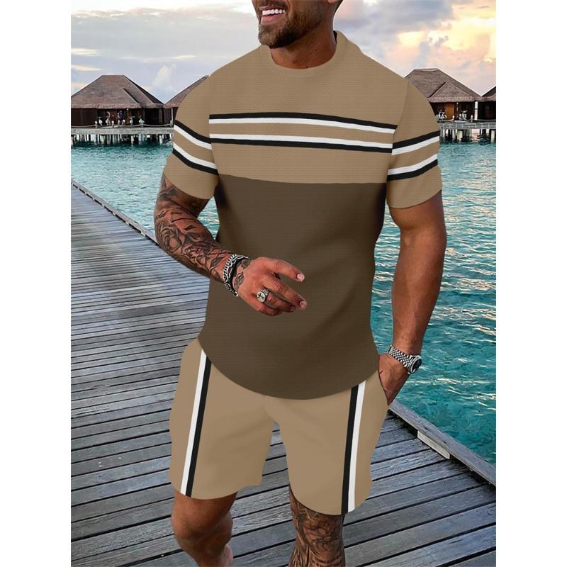 Summer Bestseller T-Shirt Set Color-Block Striped Short-Sleeve T-Shirt & Shorts Set Casual Outdoor Running Fitness Set