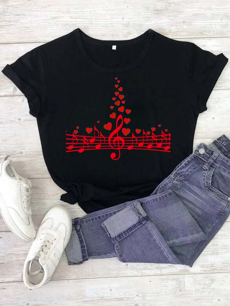Fashion Women T Shirt Musical Note Printed T Shirt Casual Black Tops 90s Ladies Girls Tee Shirt Female Harajuku Graphic T-shirt