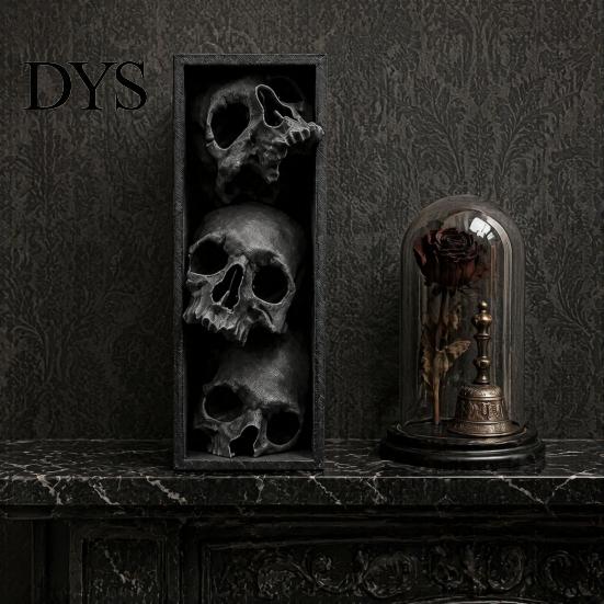 Horror Theme Decor Skulls Book Nook, Gothic Skull Bookshelf Insert, 3 Tier Stacked Sculpture Mysterious Library with Black Frame, Academia Spooky for