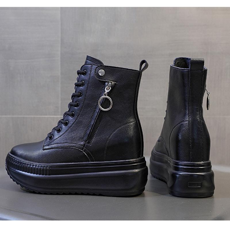2025 Autumn Early Winter Genuine Leather Shoes Women Ankle Boots Soft Fashion Ladies Height Increasing Shoes 8cm Pure Black