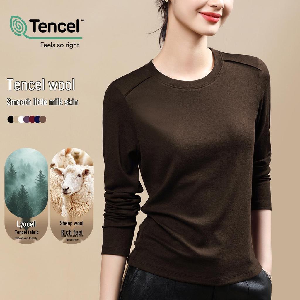 Women's Tencel Wool Slimming Base Layer Shirt - Round Neck, Long Sleeve, Spring/Winter Style, Skin-Friendly & Elastic Fit (2025).