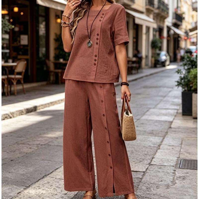 Fashion Casual Loose Two-piece Short-sleeved Top and Loose Wide-leg Pants for Women