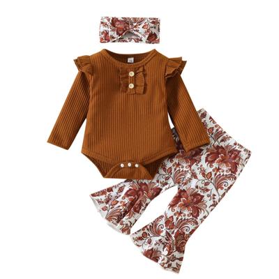 Baby Girls Pants Set, Long Sleeve Romper + Flower Print Flare Pants + Bowknot Headband