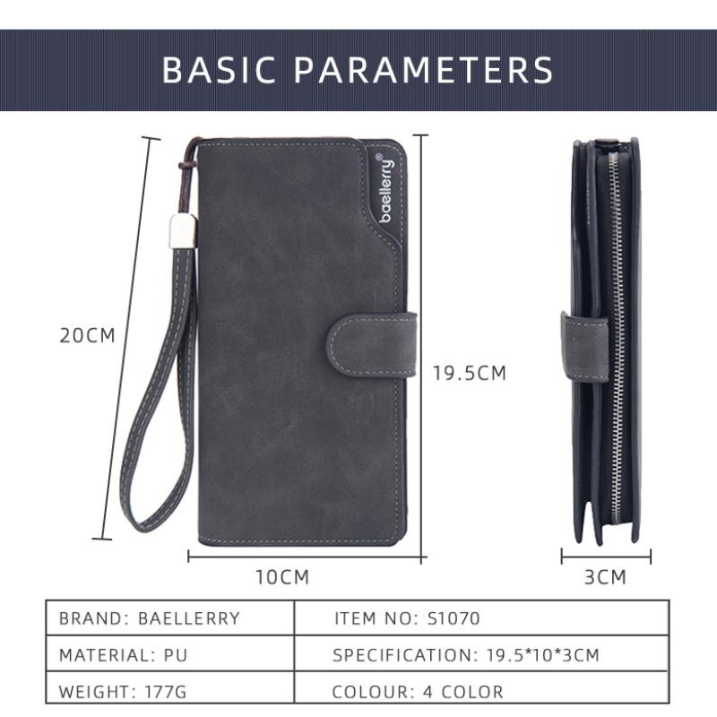 Baellerry Men's Fashion Long Wallet Matte Cell Phone Bag Clutch Bag with Wrist Strap Multi-card Slot Card Holder Zipper Coin Purse Vintage Billfold