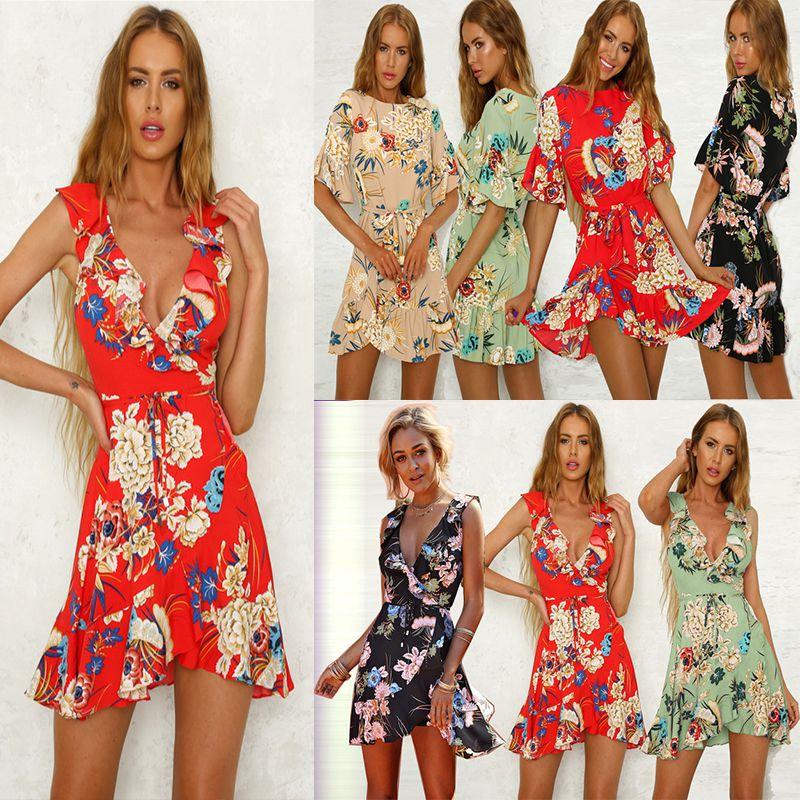 Stylish Womens Mini Ladies Dress Floral Print Ruffle V Summer Beach Sundress For Every Occasion