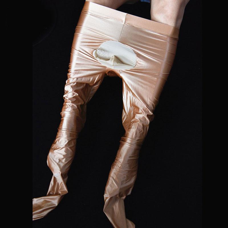 Sexy Men Cockring U Convex Pouch Stockings Open Close Sleeve Tight Stockings Sheer Shiny Glossy Pantyhose Tights Candy Color F32