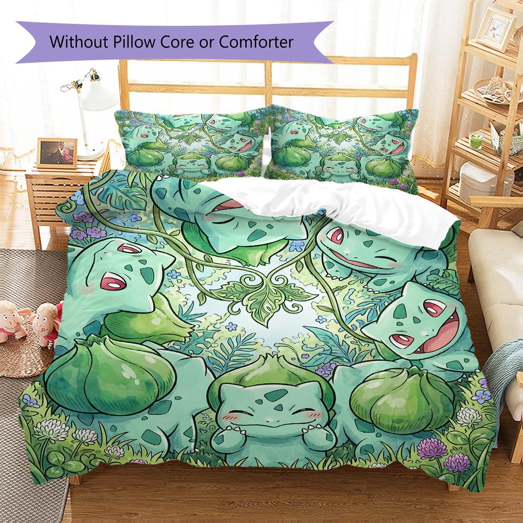 Bulbasaur Pattern Bedding Quilt Set Quilt Cover Pillowcase Home Decoration Birthday Gift (1 * Duvet Cover + 2 * Pillowcase, Without Core)