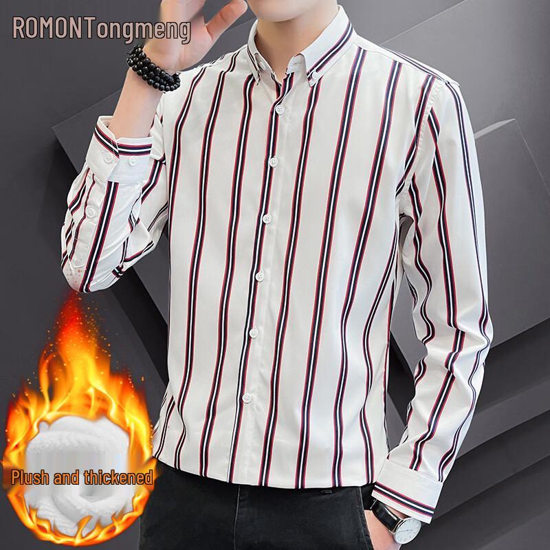 

ROMON Men s Fleece-Lined Winter Long Sleeve Business Stripe Dress Shirt 3XL
