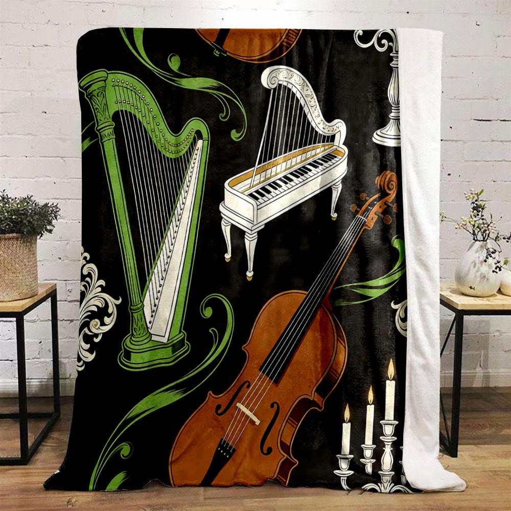 Black Background Music Elements Print Blanket Warm Soft Fluffy Kids and Adults Sofa Bed Throw Blanket Outdoor Travel Camping