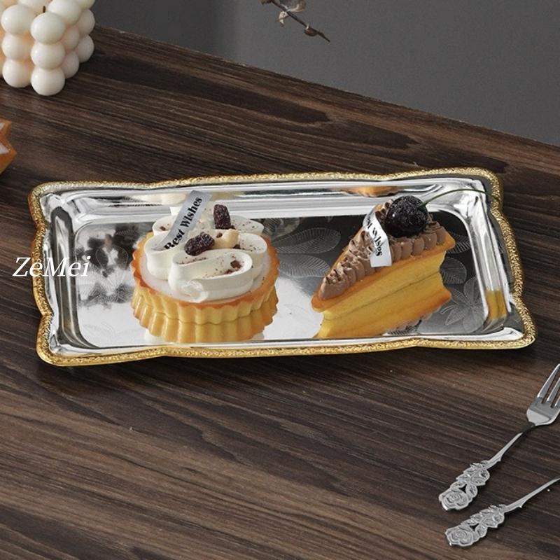 European-Style Rectangle Fruit Plate,Portable Carved Flower Texture Metal Cake Tray,28 cm Dessert Storage Snack Plate Decoration