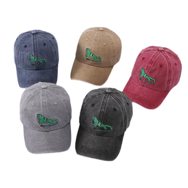 Retro Denim Washed Embroidery Lizard Baseball Cap with Curved Brim.