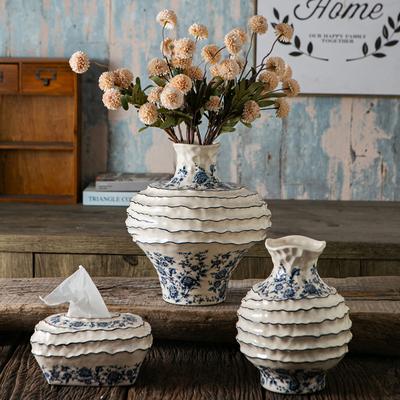 Vaso Decorativo de Cerámica Vintage Jarra de Porcelana Azul y Blanca Florero Arruga de Ola Maceta Accesorios de Decoración para el Hogar