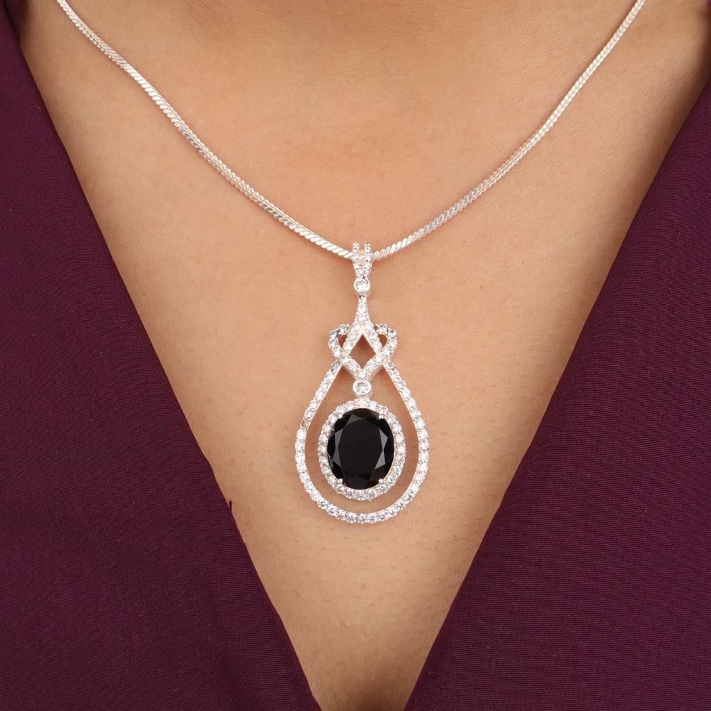 Natural Black Onyx Gemstone 925 Sterling Silver Jewelry Zircon Pendant 1.73" CZP-6-7