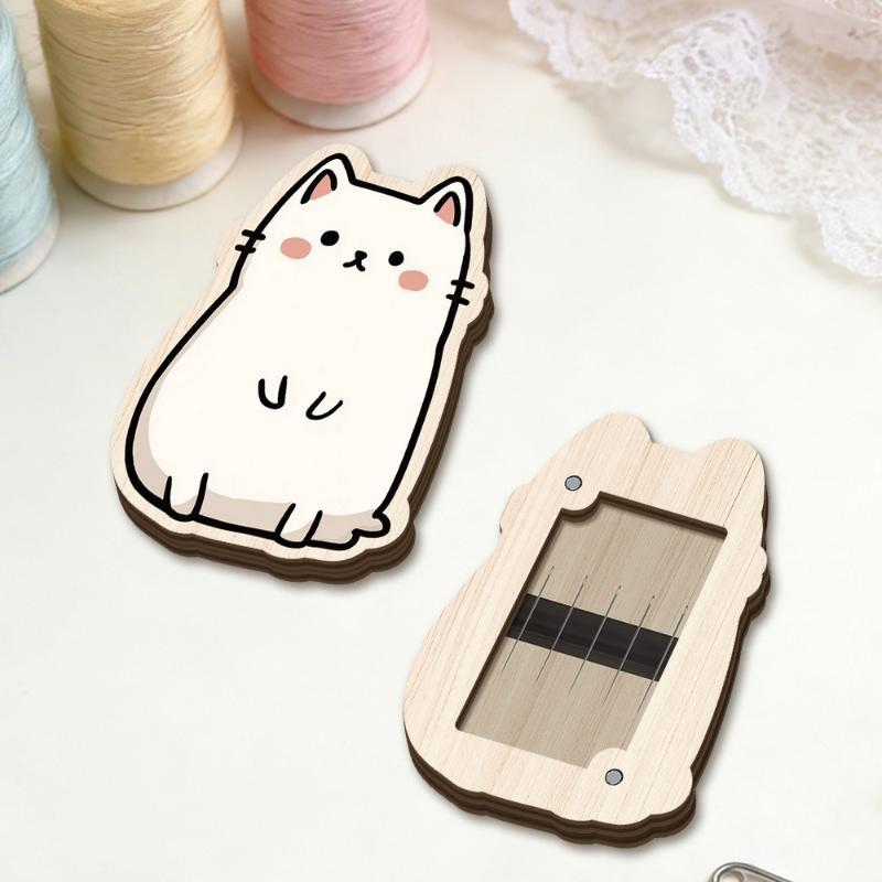 Cute Cat Wooden Needle Storage Box Magnetic Sewing Pin Holder Wood Needle Organizer For Handmade Craft Home Use