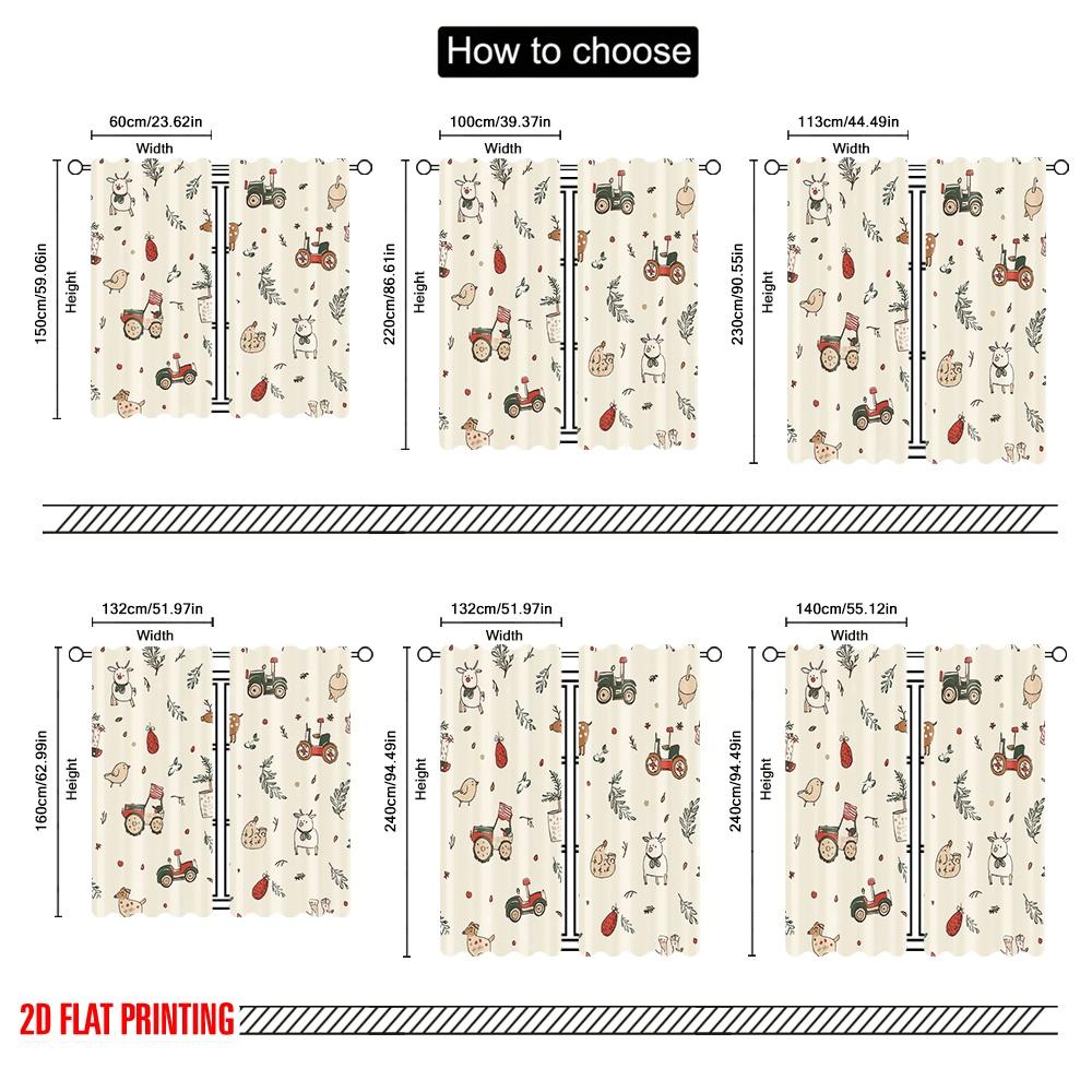 2Pcs,2D Plane Printing Window Curtain Christmas Cute Animal Tractor (4) Versatile Polyester Fabric (Without Rod) Decorations