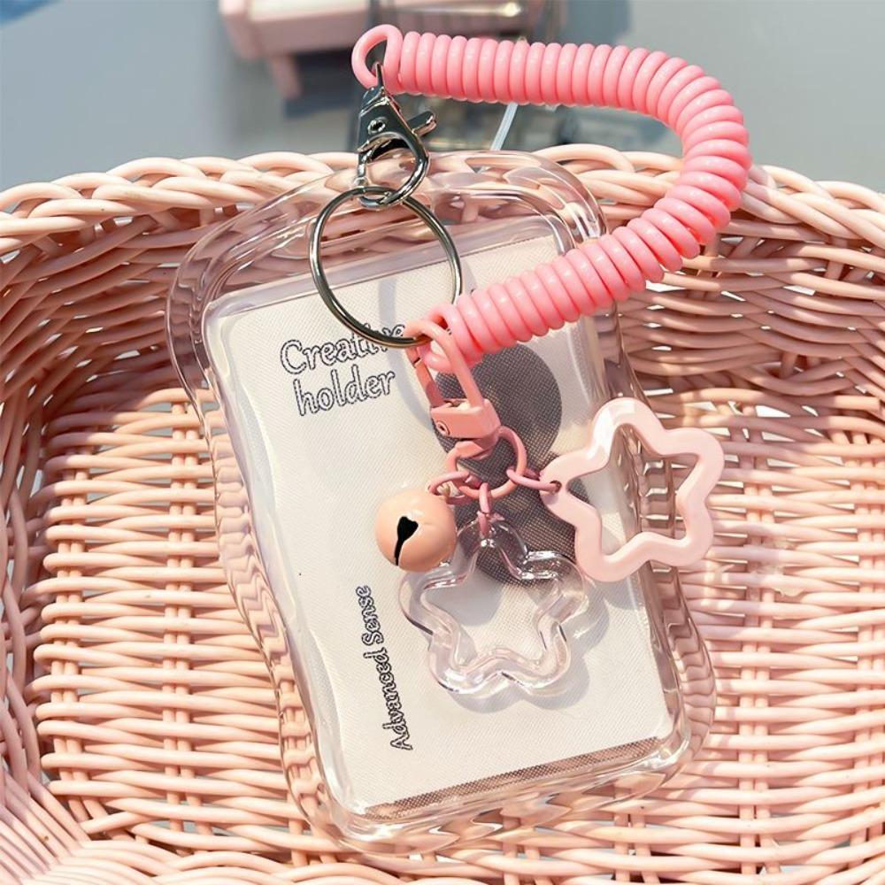 Cartoon Soft Silicone Kpop Photocard Holder Spring Rope With Star Keychain Transparent Card Holder Sliding Cover
