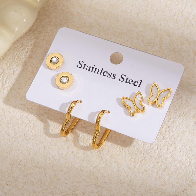 Elegant Four-Leaf Clover & Heart Earrings with Butterfly Detail, Titanium Steel Hoops - Non-Fading, Fashionable Summer Accessory