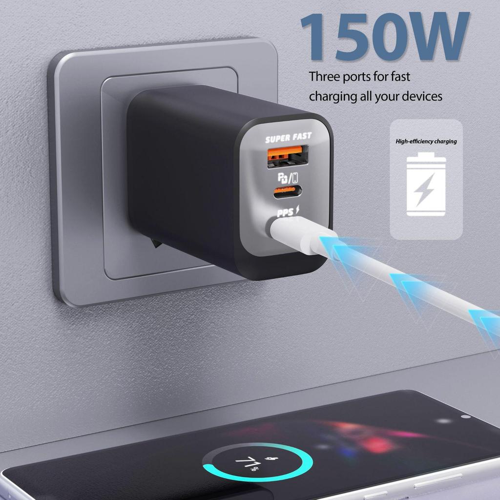 Gunmetal Gray 150W Multi-Port Fast Charger for Small Home Appliances & Multi-Device Charging