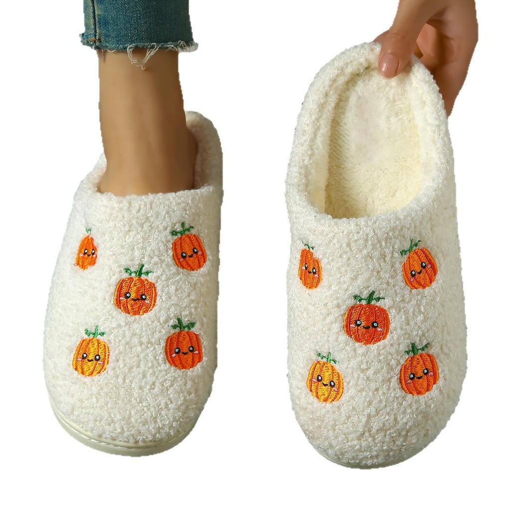 Halloween Pumpkin Cartoon Winter Slippers for Couples - Cozy Cotton with Thick Non-Slip Soles for Men and Women