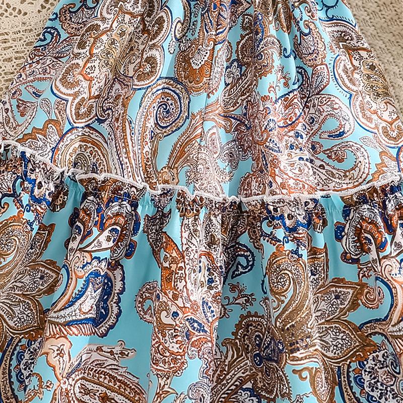 Vacation-Style Floral Print Suspender Dress Summer Girls' Clothing Backless Dress Waist-Cinching Beach Dress
