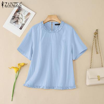 Women Casual Round Neck Solid Color Summer Short Sleeve Blouse